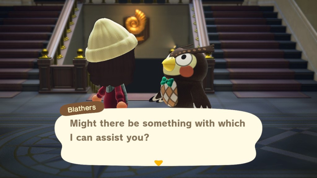 Blathers, the museum curator in Animal Crossing, with a speech bubble saying: "Might there be something with which I can assist you?"
